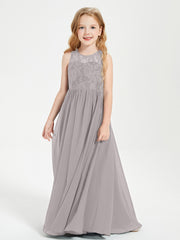 Long Junior Bridesmaid Dresses Lace Top Silver