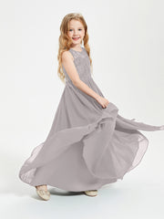 Long Junior Bridesmaid Dresses Lace Top Silver