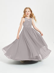 Long Junior Bridesmaid Dresses Lace Top Silver