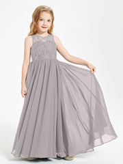 Long Junior Bridesmaid Dresses Lace Top Silver
