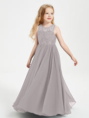Long Junior Bridesmaid Dresses Lace Top Silver