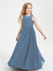 Long Junior Bridesmaid Dresses Lace Top Slate Blue