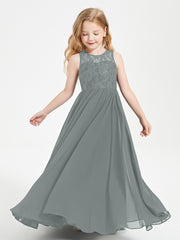 Long Junior Bridesmaid Dresses Lace Top Steel Grey