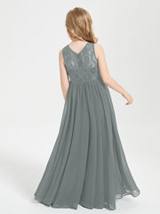 Long Junior Bridesmaid Dresses Lace Top Steel Grey