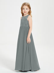 Long Junior Bridesmaid Dresses Lace Top Steel Grey