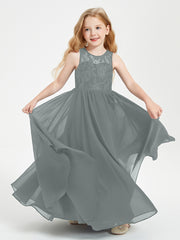 Long Junior Bridesmaid Dresses Lace Top Steel Grey
