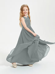 Long Junior Bridesmaid Dresses Lace Top Steel Grey
