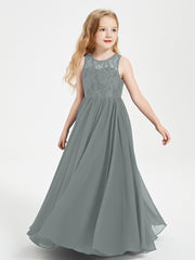 Long Junior Bridesmaid Dresses Lace Top Steel Grey