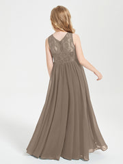 Long Junior Bridesmaid Dresses Lace Top Taupe