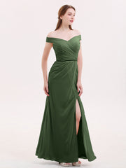 Sheath Off Shoulder Dresses with Slit Olive Green