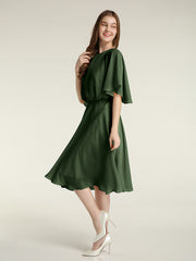 Short Chiffon Bridesmaid Dress with Flutter Sleeves Olive Green
