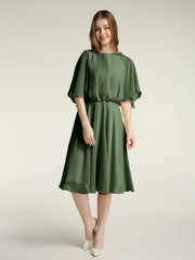 Short Chiffon Bridesmaid Dress with Flutter Sleeves Olive Green