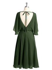 Short Chiffon Bridesmaid Dress with Flutter Sleeves Olive Green