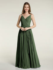 Full Pleated Skirt Chiffon Bridesmaid Dress Olive Green