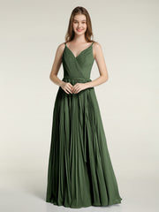 Full Pleated Skirt Chiffon Bridesmaid Dress Olive Green