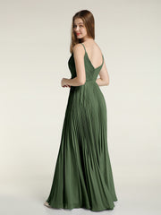 Full Pleated Skirt Chiffon Bridesmaid Dress Olive Green