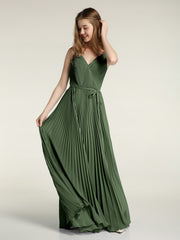 Full Pleated Skirt Chiffon Bridesmaid Dress Olive Green