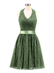 Halter V-neck Short Lace Dresses Olive Green
