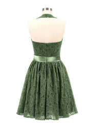 Halter V-neck Short Lace Dresses Olive Green