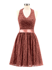Halter V-neck Short Lace Dresses Terracotta
