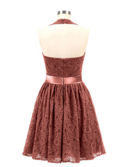 Halter V-neck Short Lace Dresses Terracotta
