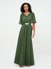 Illusion Neck Long Chiffon Dresses with Beaded Olive Green