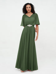 Illusion Neck Long Chiffon Dresses with Beaded Olive Green