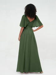 Illusion Neck Long Chiffon Dresses with Beaded Olive Green
