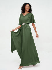 Illusion Neck Long Chiffon Dresses with Beaded Olive Green