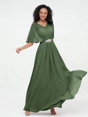 Illusion Neck Long Chiffon Dresses with Beaded Olive Green