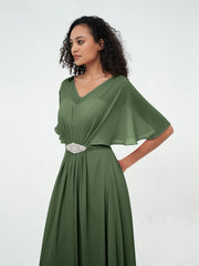 Illusion Neck Long Chiffon Dresses with Beaded Olive Green
