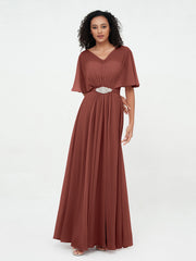 Illusion Neck Long Chiffon Dresses with Beaded Terracotta