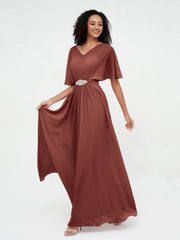 Illusion Neck Long Chiffon Dresses with Beaded Terracotta