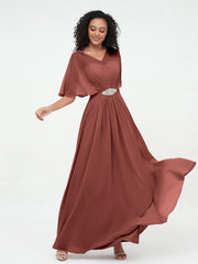 Illusion Neck Long Chiffon Dresses with Beaded Terracotta