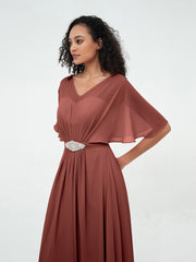 Illusion Neck Long Chiffon Dresses with Beaded Terracotta