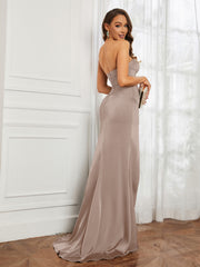 Off-The-Shoulder Mermaid Prom Dress with Slit Taupe Plus Size