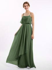 Chiffon Gown with Spaghetti Straps and Cascade Skirt Olive Green