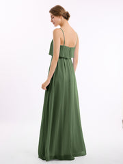 Chiffon Gown with Spaghetti Straps and Cascade Skirt Olive Green