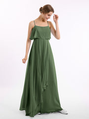 Chiffon Gown with Spaghetti Straps and Cascade Skirt Olive Green