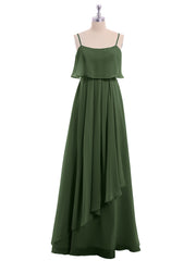 Chiffon Gown with Spaghetti Straps and Cascade Skirt Olive Green