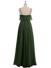 Chiffon Gown with Spaghetti Straps and Cascade Skirt Olive Green
