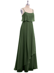 Chiffon Gown with Spaghetti Straps and Cascade Skirt Olive Green