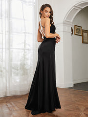 Cowl Neck Sheath Satin Prom Dresses Black Plus Size