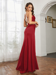 Cowl Neck Sheath Satin Prom Dresses Burgundy