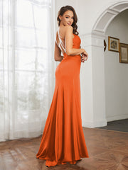 Cowl Neck Sheath Satin Prom Dresses Burnt Orange