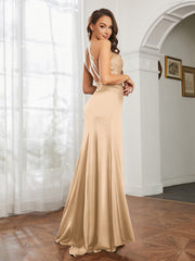 Cowl Neck Sheath Satin Prom Dresses Champagne