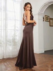 Cowl Neck Sheath Satin Prom Dresses Chocolate
