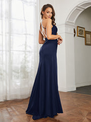 Cowl Neck Sheath Satin Prom Dresses Dark Navy