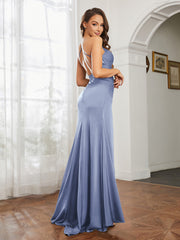 Cowl Neck Sheath Satin Prom Dresses Dusty Blue