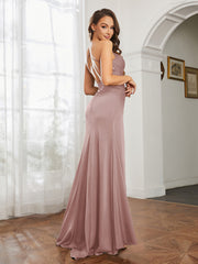 Cowl Neck Sheath Satin Prom Dresses Dusty Rose